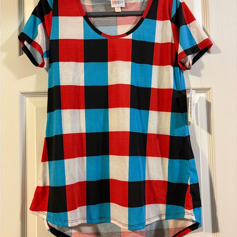 LuLaRoe Red Blue Black Plaid Short Sleeve Top